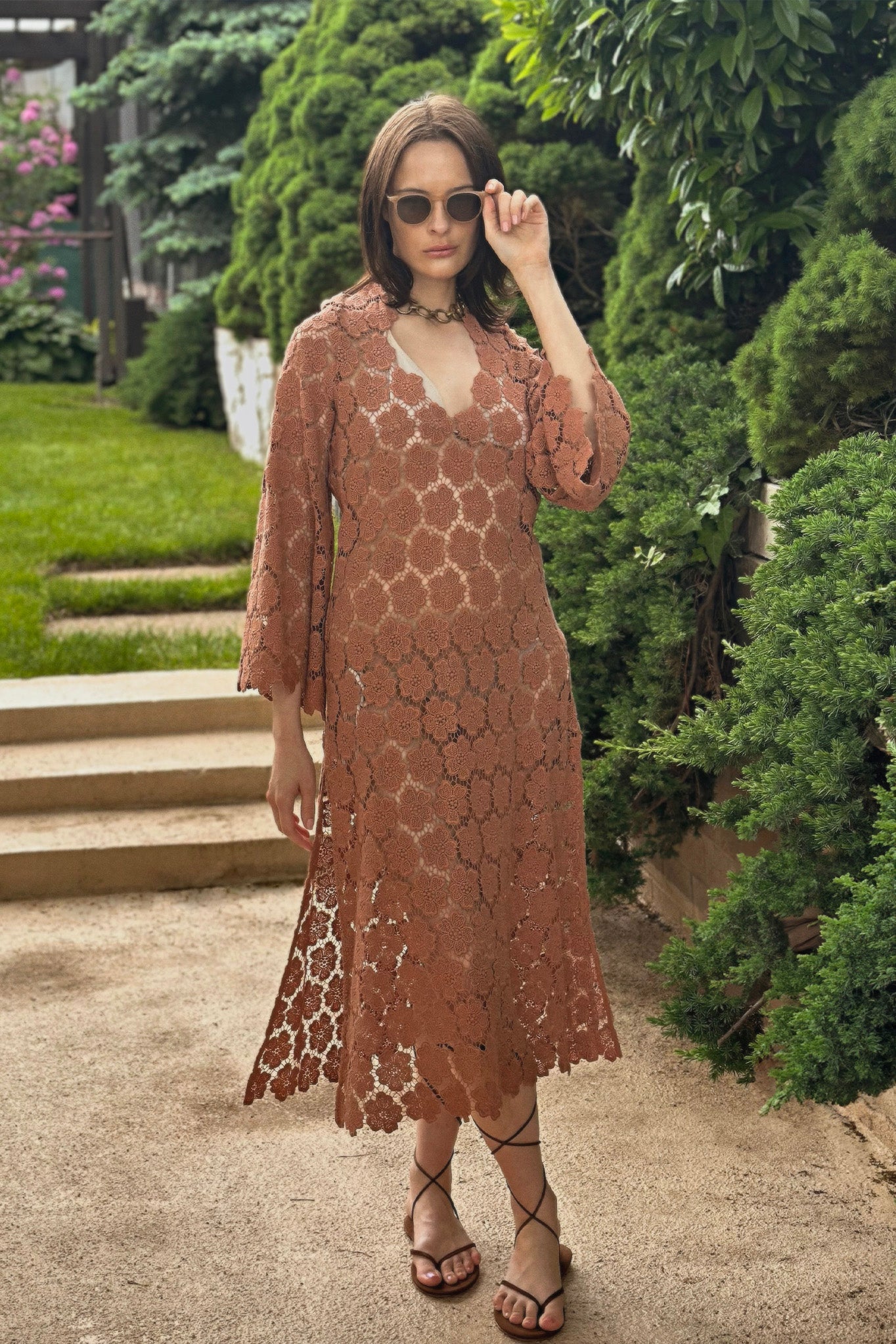 Arelis Cosmos Flower Lace Caftan - Mocha – Miguelina