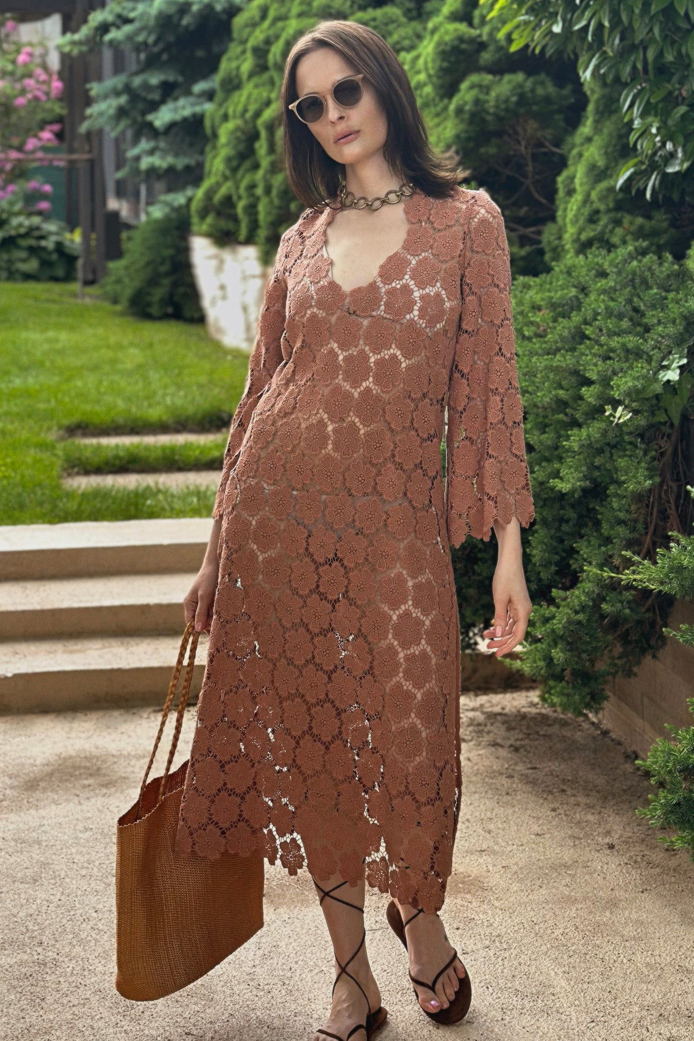 Arelis Cosmos Flower Lace Caftan - Mocha – Miguelina