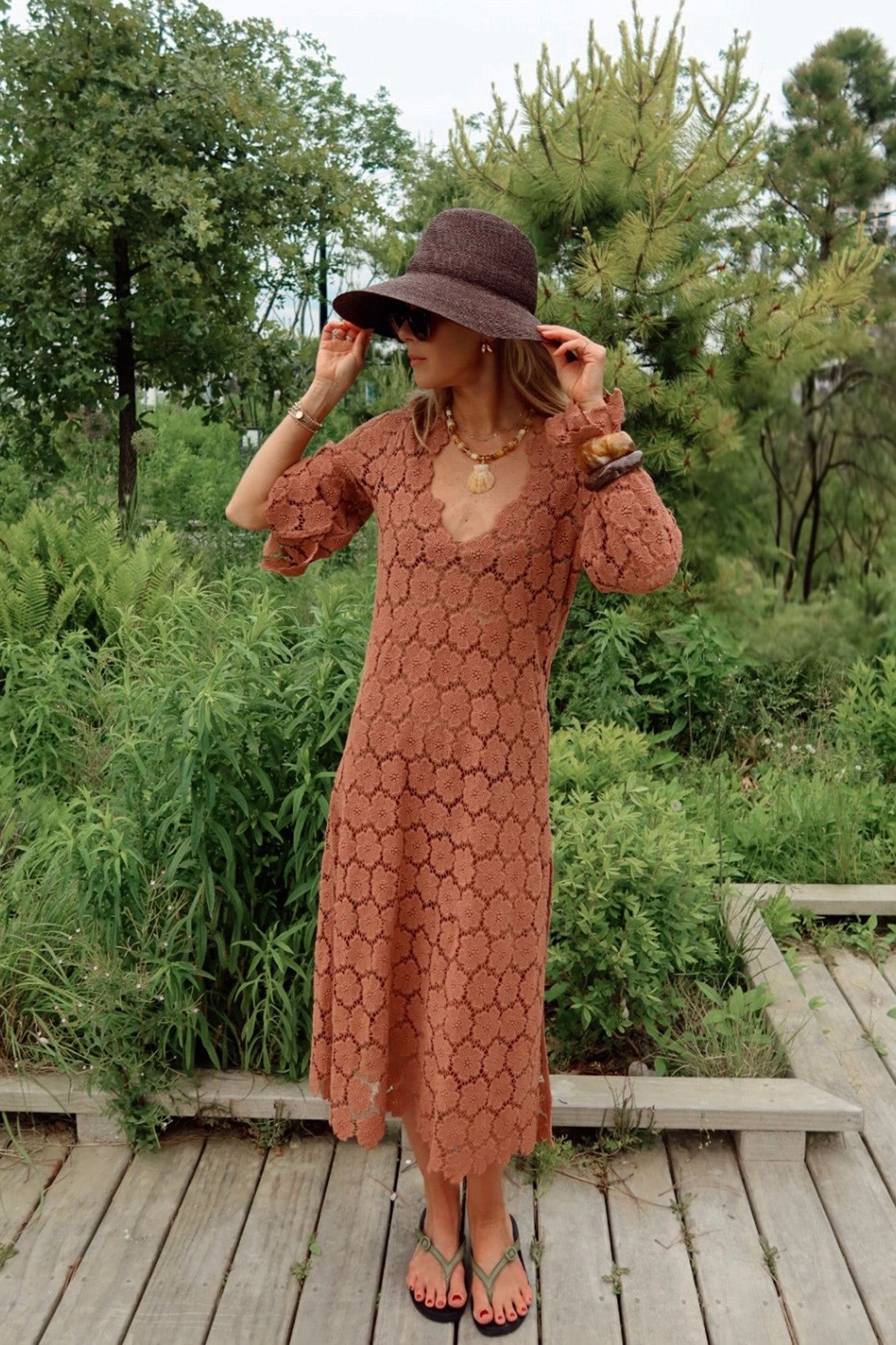 Arelis Cosmos Flower Lace Caftan - Mocha – Miguelina