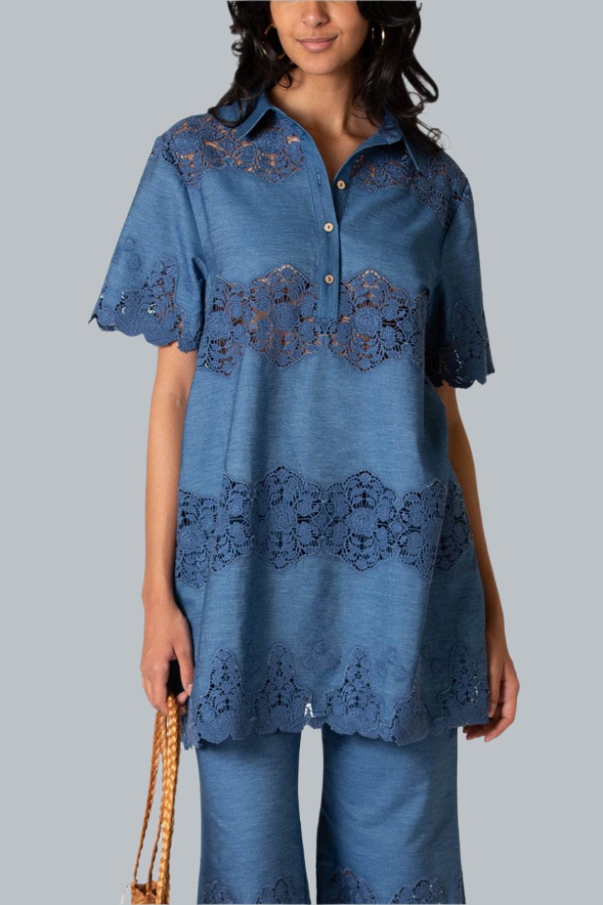 white christmas dresses Lace Insert High Low Denim Dress – bebe
