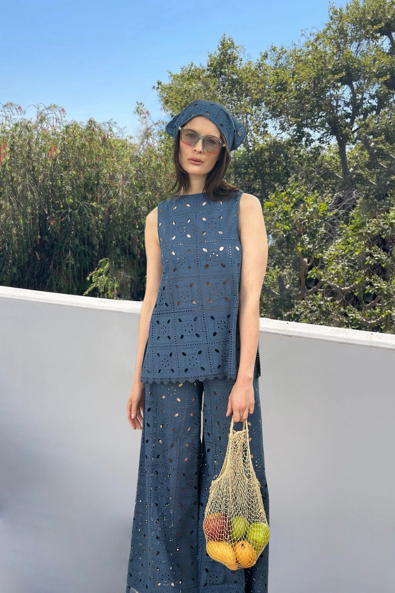 Lilly Patchwork Eyelet Pants - Slate Blue – Miguelina