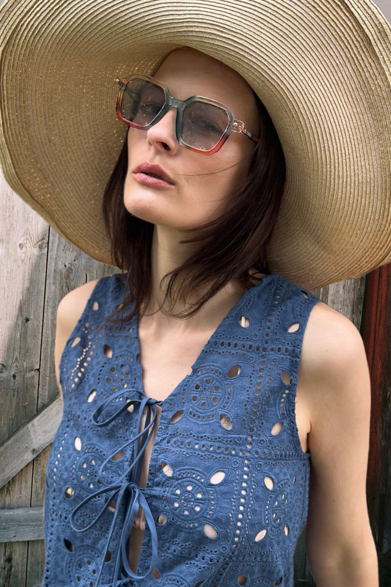 Tula Patchwork Eyelet Reversible Top - Slate Blue – Miguelina