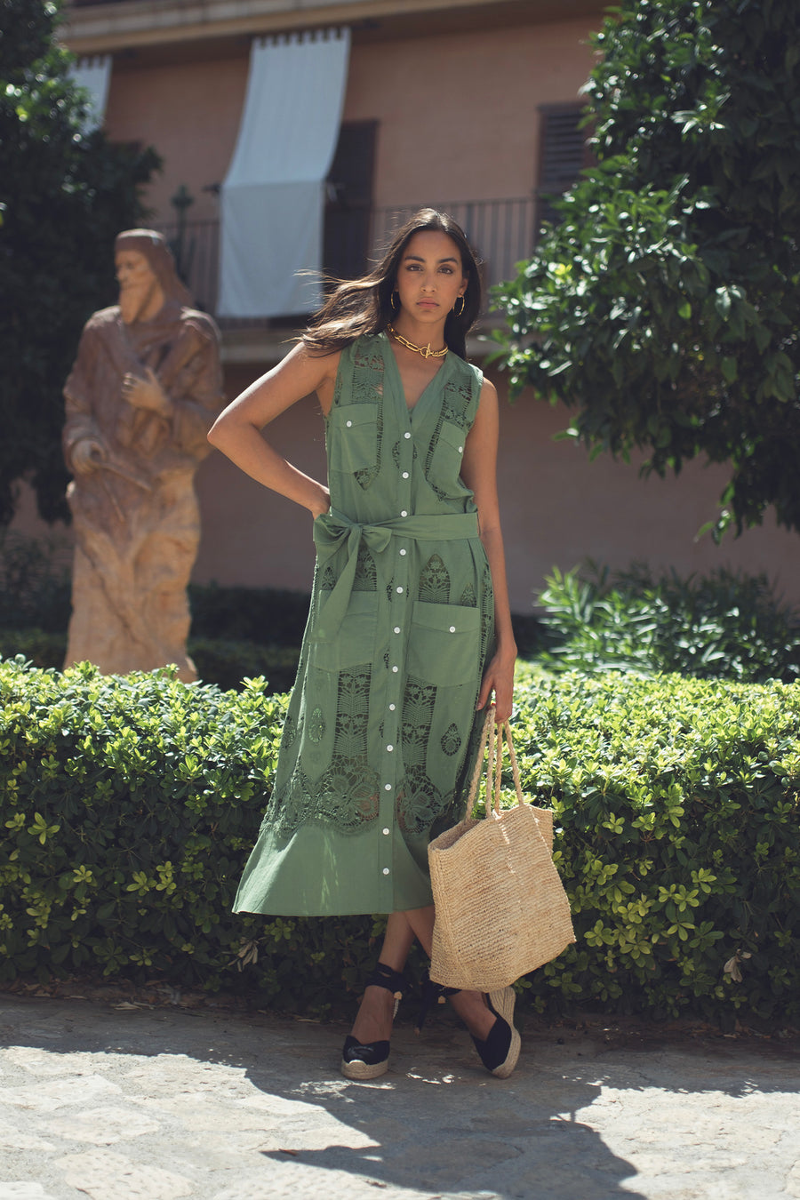 Alexia Tropical Cotton Embroidery Dress - Eucalyptus