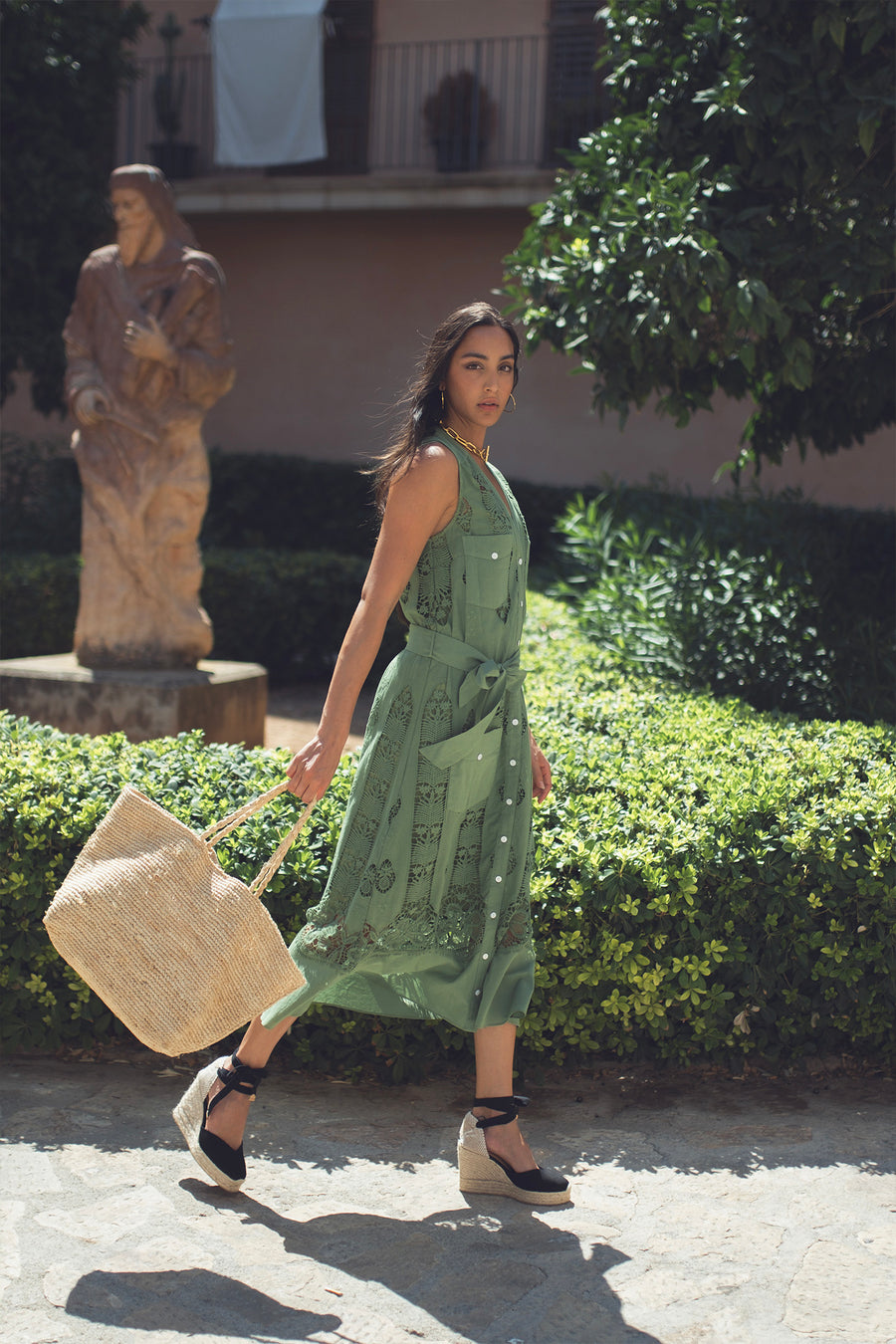 Alexia Tropical Cotton Embroidery Dress - Eucalyptus
