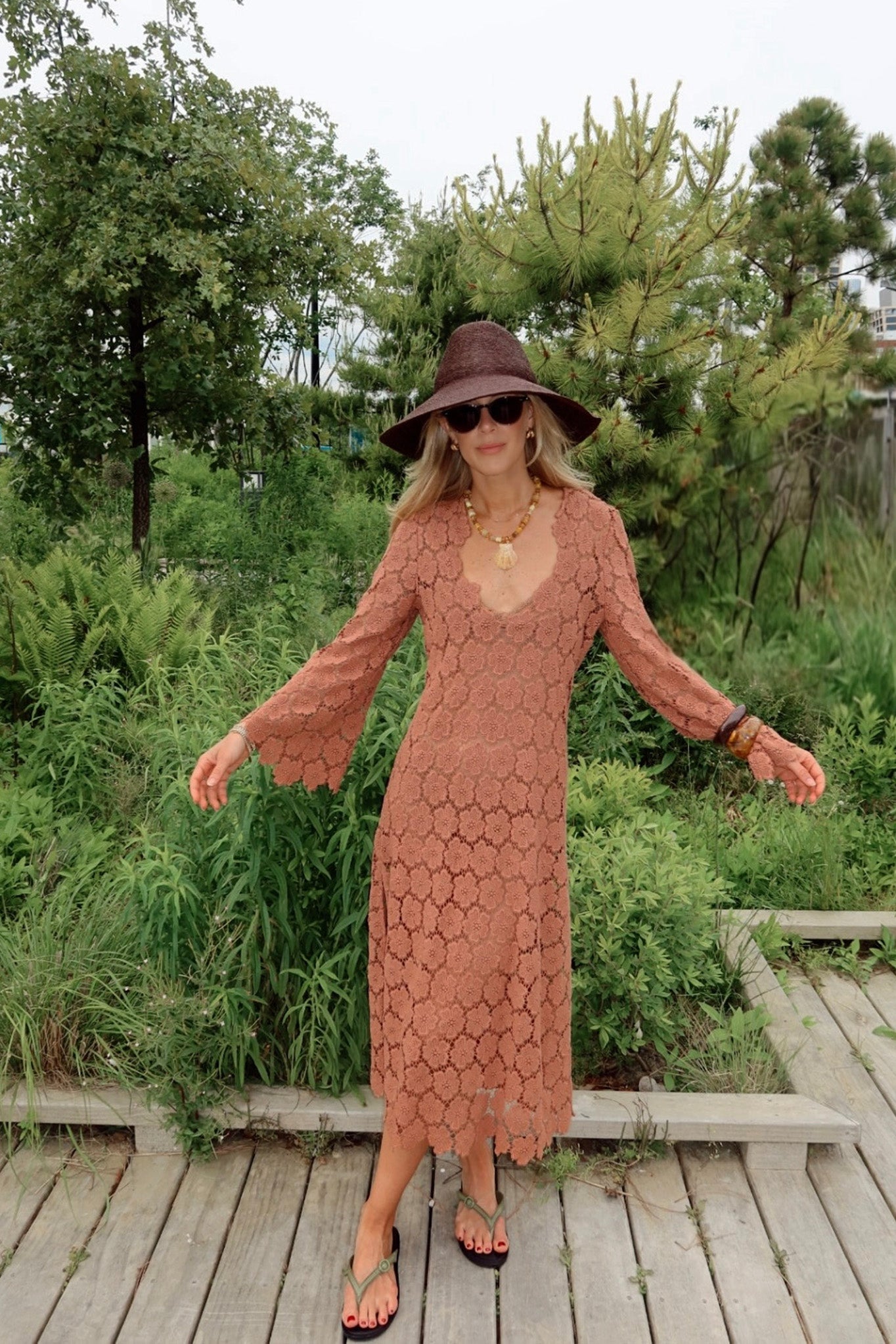 Arelis Cosmos Flower Lace Caftan - Mocha – Miguelina