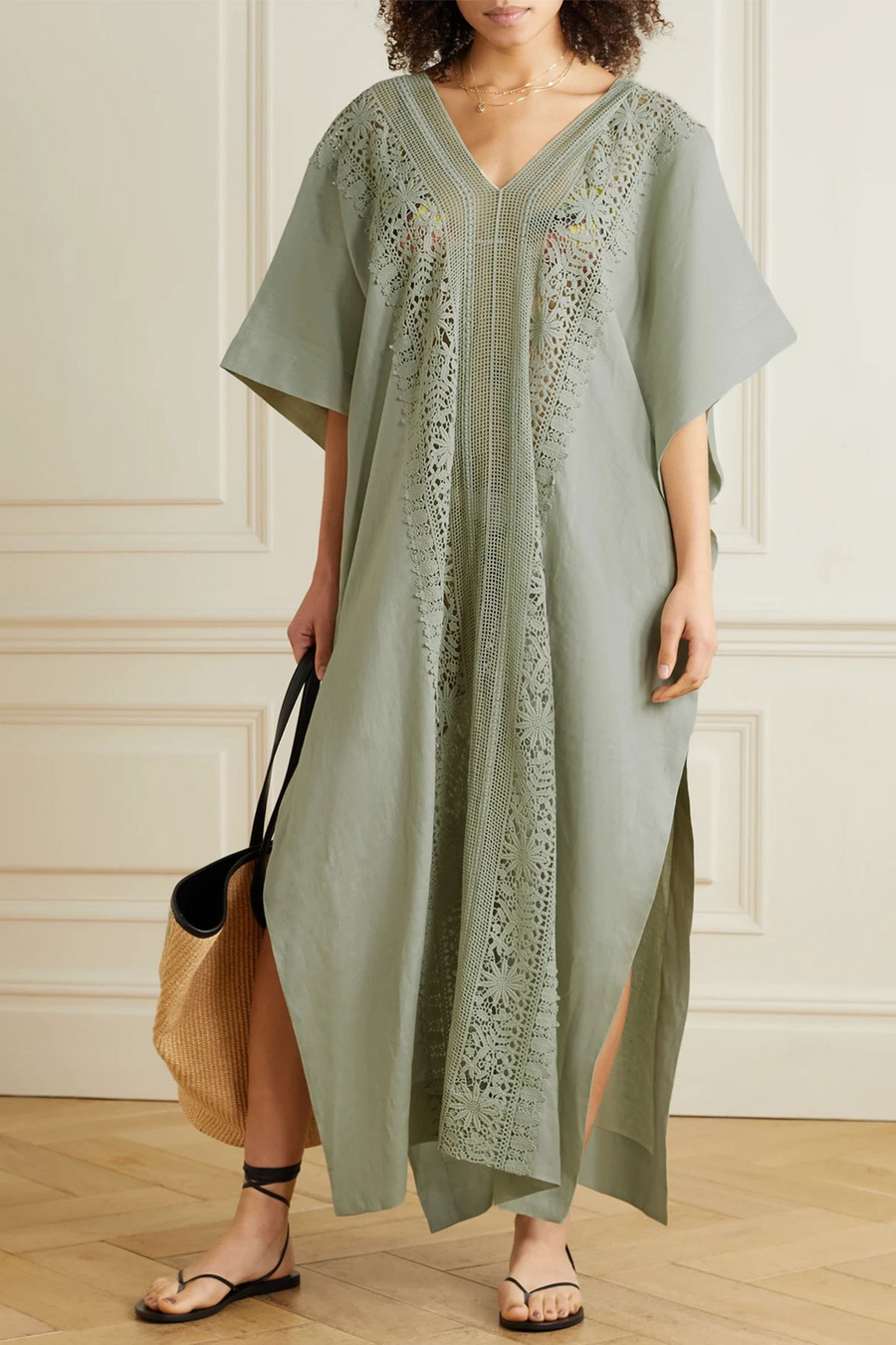 Brea Caftan with Flower Lace Trim - Sage