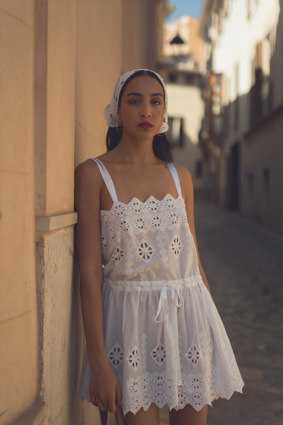 Brielle Rhombus Cotton Embroidery Mini Dress - Pure White