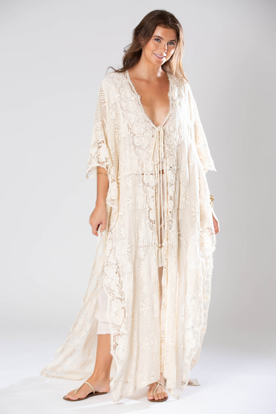 Valentina Tie-Front Tropical Lace Caftan