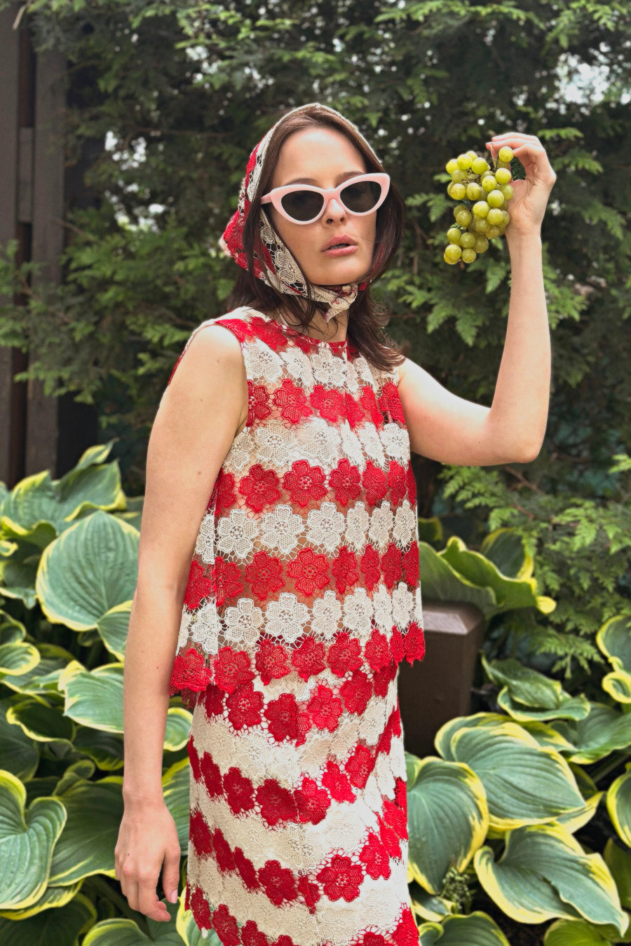 Dupree Two-Tone Cosmos Flower Lace Tie-back Top - Paprika