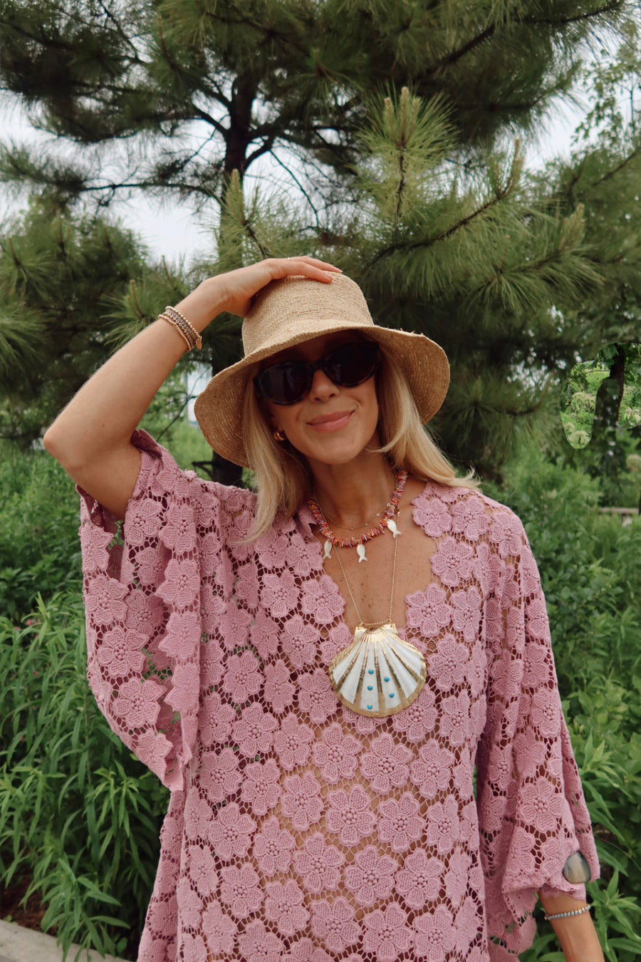 Gianina Cosmos Flower Lace Mini Caftan - Mauve