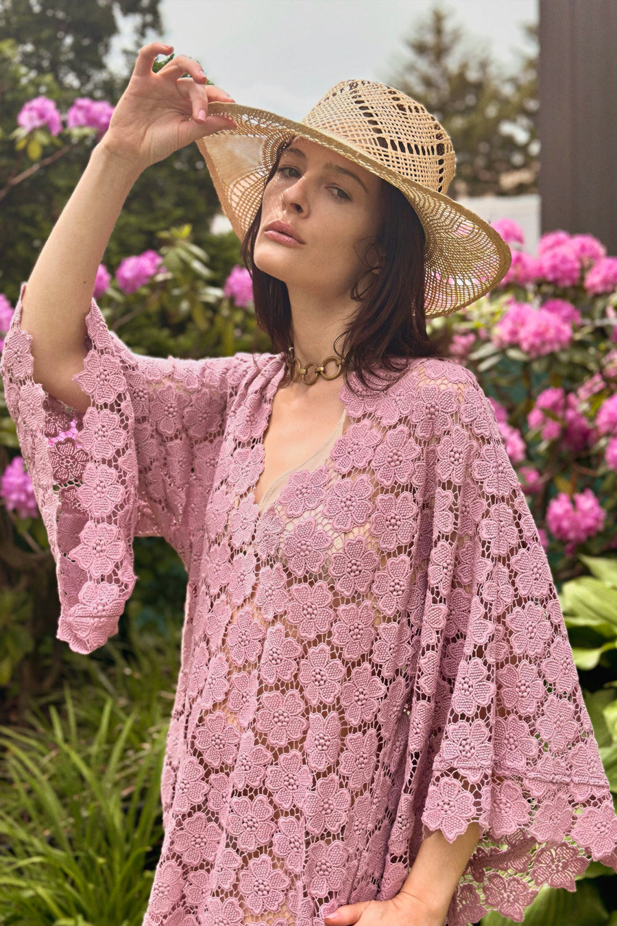 Gianina Cosmos Flower Lace Mini Caftan - Mauve