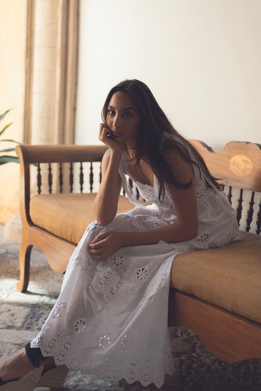 Juniper Rhombus Cotton Embroidery Dress- Pure White