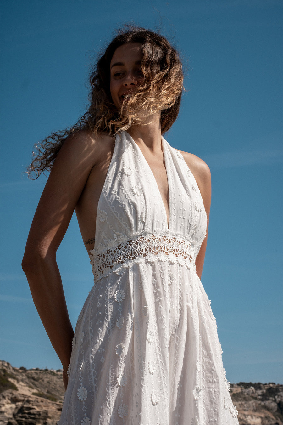 Oliana 3D Daisy Embroidered Voile Halter Dress
