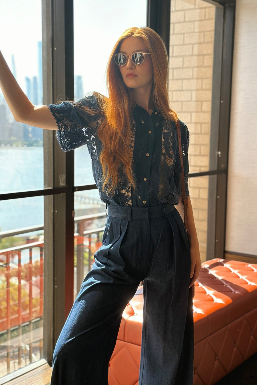 River High-waisted Trousers in Marine Blue