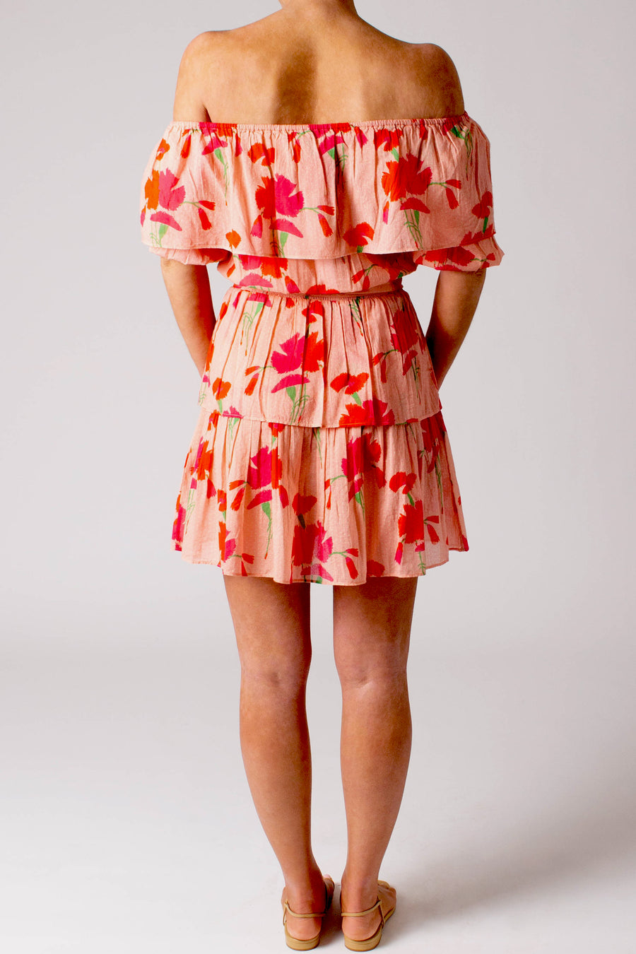 This is a photo of a woman facing backwards wearing a light pink floral dress.