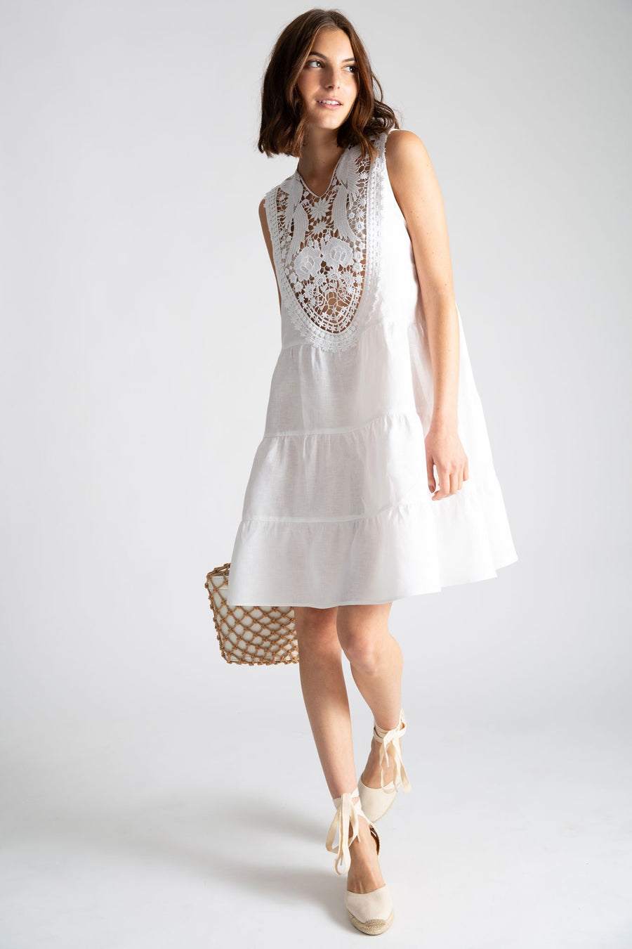 This is a photo of a woman wearing a white linen coverup dress that falls right about her knee and has 3 tiers. The front of the dress has a lace yolk that peeks through to her bikini top underneath. She is holding a white bag with natural netting over it and wearing natural colored espadrilles.