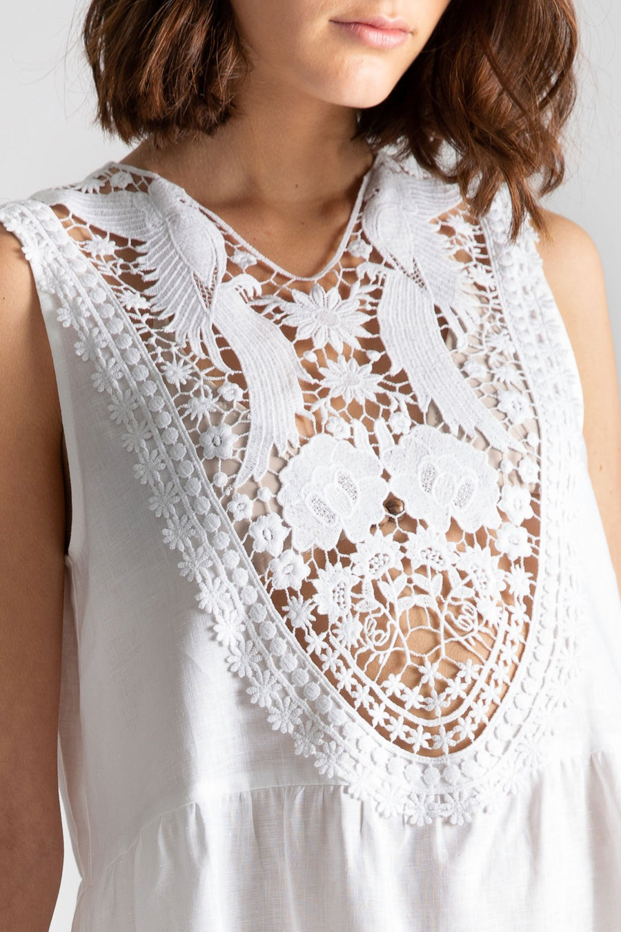 This is a detail photo of a white yolk on top of a short linen dress. The yolk design has flowers and birds and shows through to her bikini top.