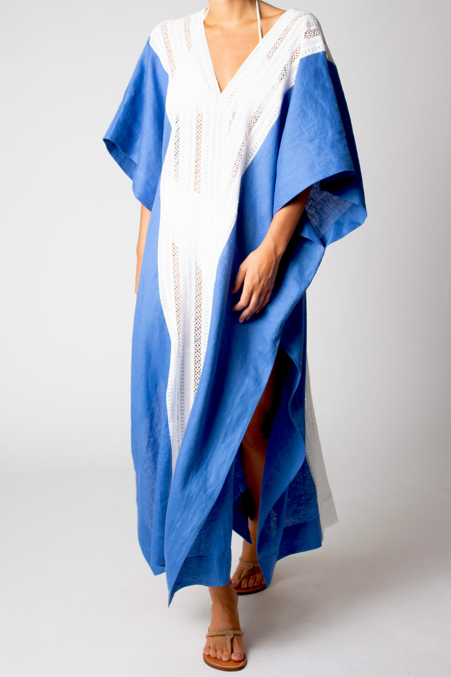 Brea Caftan in Washed Linen - Mediterranean Blue
