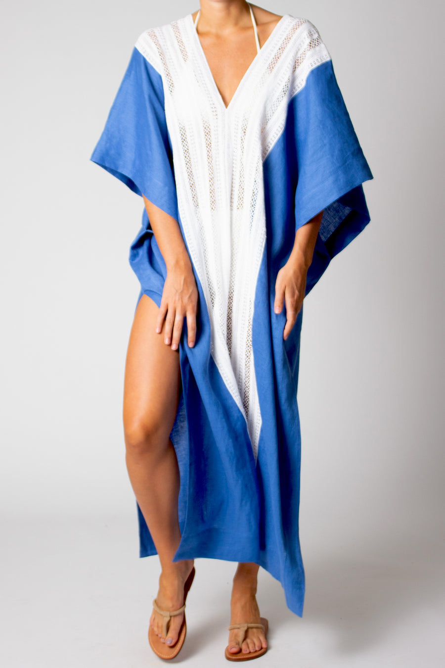 Brea Caftan in Washed Linen - Mediterranean Blue