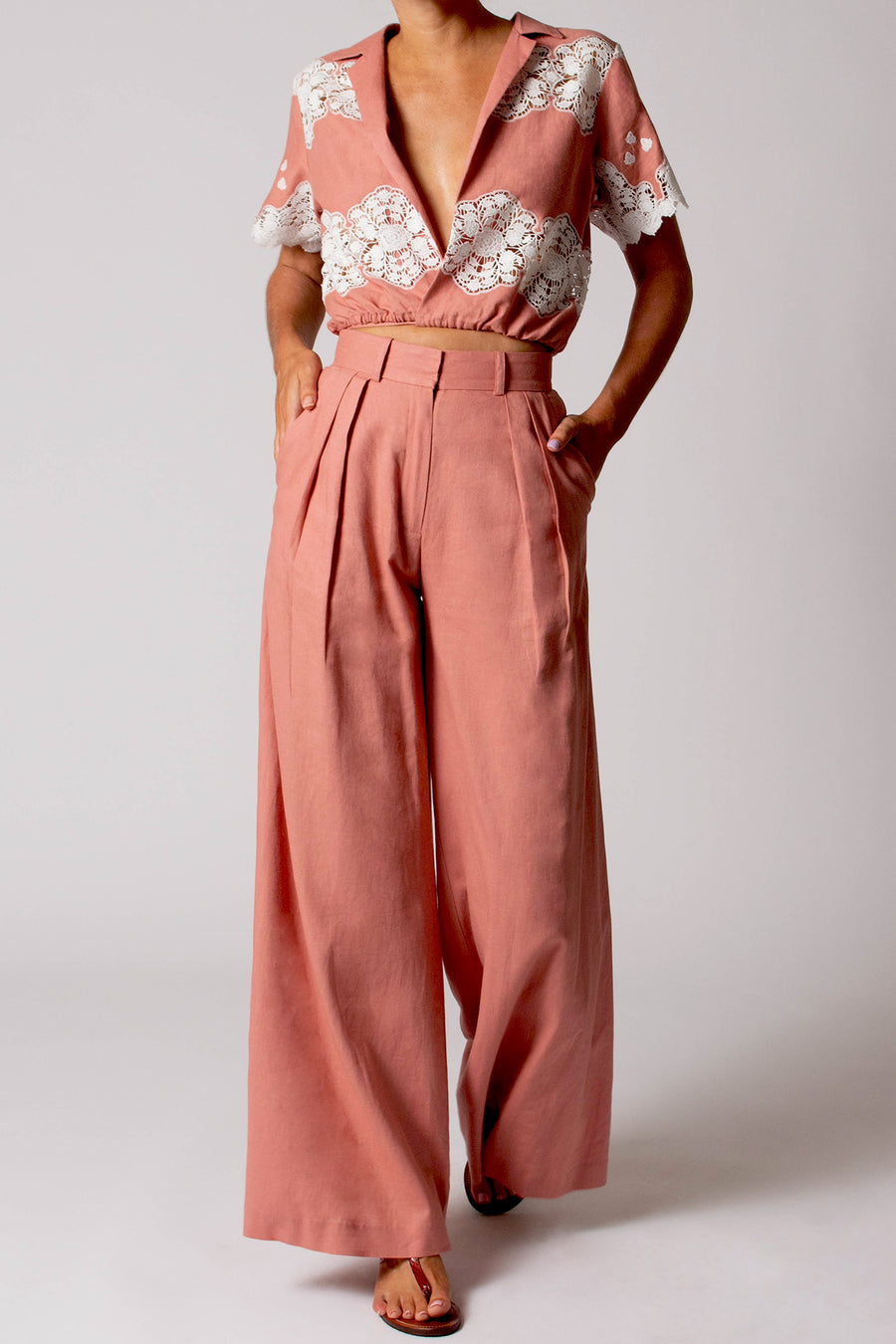 Brooklyn Cloisters Embroidery Linen Wrap Top - Dusty Rose