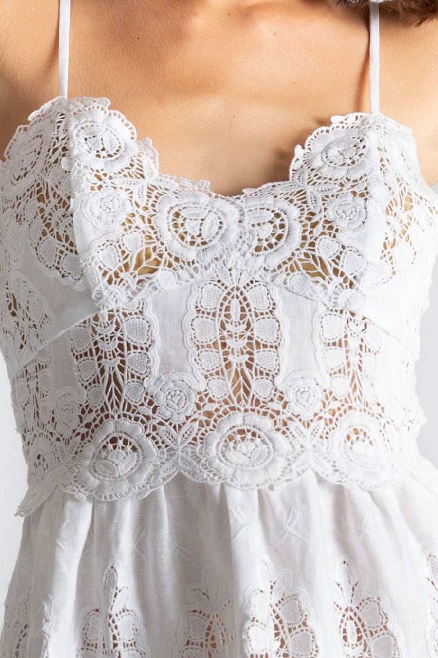 This is a detail photo of the top of a white linen and lace dress with a sweetheart neckline. The lace details show flowers and dragonflies.