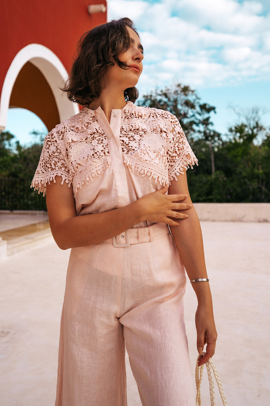 Pauline Lace Top in Tea Rose Linen